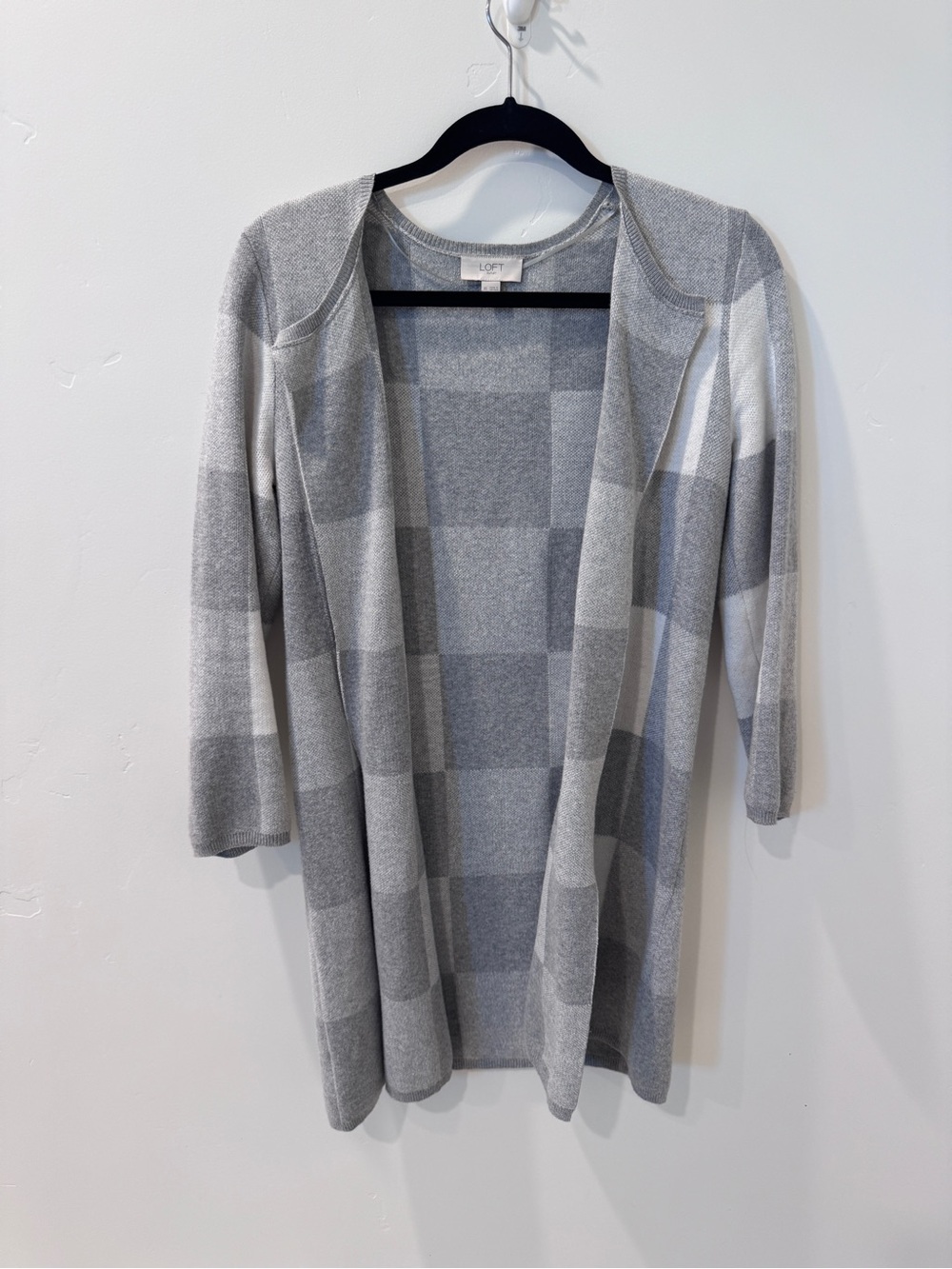 LOFT Gray Checkered Open-Front Cardigan